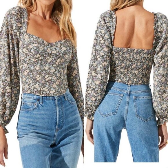 ASTR Brown Peach Floral Print Long Sleeve Corset Top Size XL - Picture 1 of 12